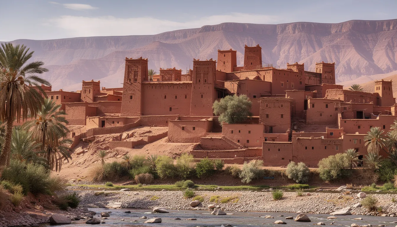 The image depicts the ancient fortified village of Ait Ben Haddou, a UNESCO World Heritage site, nestled against the dramatic backdrop of the Atlas Mountains. This iconic location, often featured in Morocco Sahara tours, showcases traditional earthen architecture and offers a glimpse into the rich history of the region.