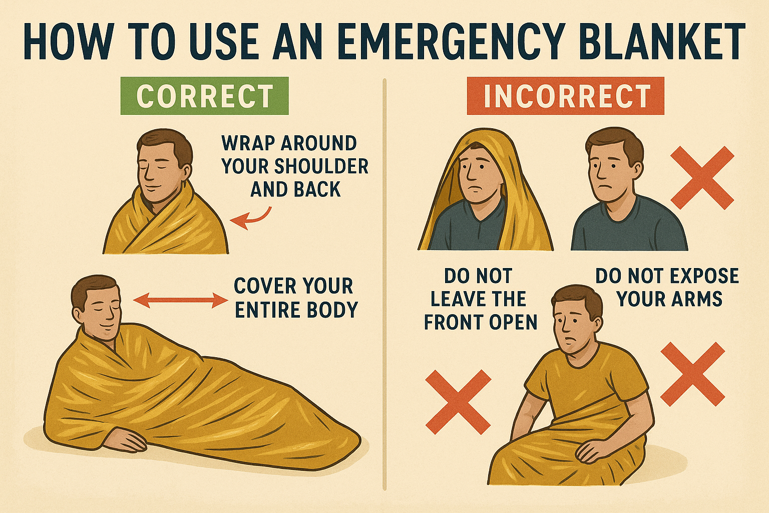 A person demonstrating proper wrapping techniques with an emergency blanket.