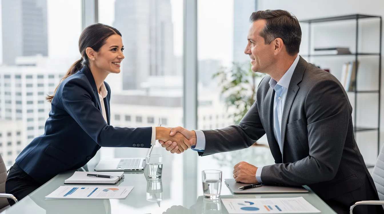 The image depicts two professionals shaking hands across a sleek conference table in a modern office setting, symbolizing the signing of a non compete agreement that protects the employer's legitimate business interests and confidential information. This moment reflects the importance of establishing customer relationships and ensuring compliance with employment contracts to avoid non compete disputes in the future.