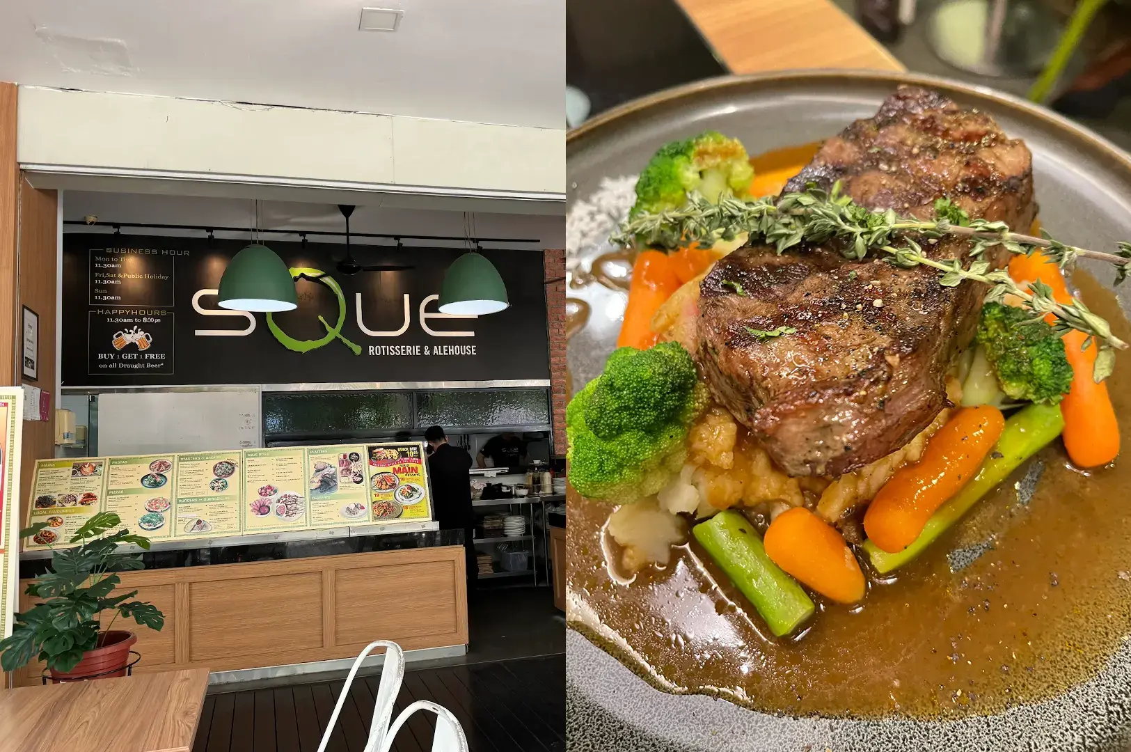 SQUE Rotisserie & Alehouse counter and lamb chops with vegetables.