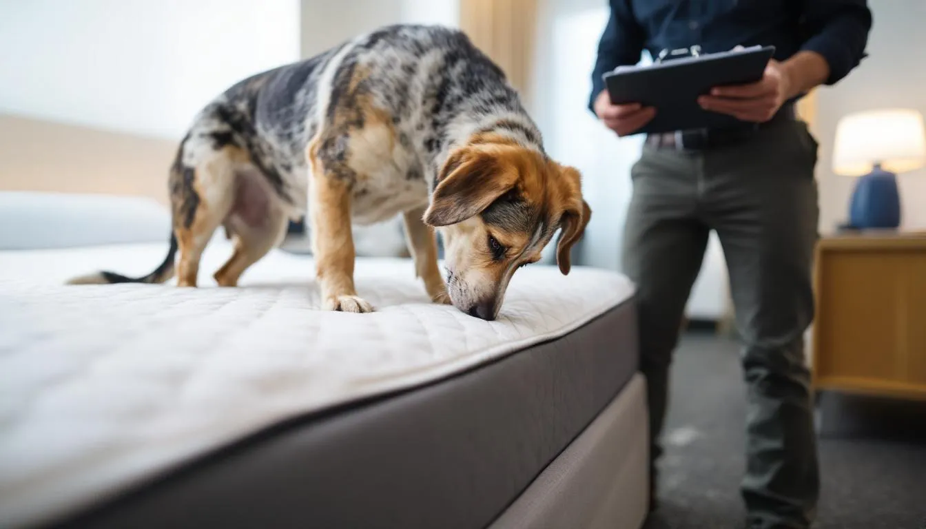A trained detection dog is inspecting the seams of a mattress with its handler in a hotel room, highlighting the proactive approach of professional pest control services in identifying potential bed bug infestations. This thorough inspection aims to eliminate bed bugs and prevent future invasions, ensuring a pest-free environment for guests.