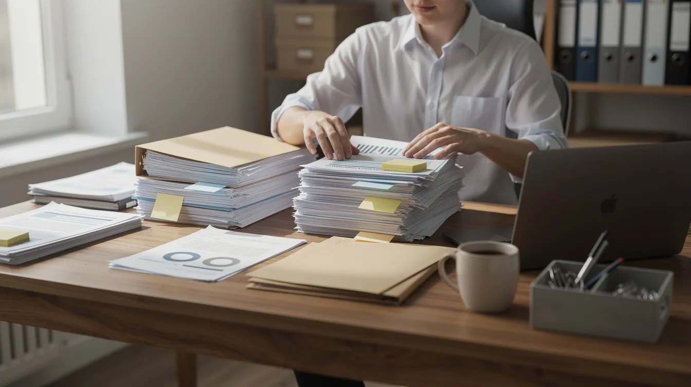 A person is seen organizing various paperwork and documents at a wooden desk, which may include forms related to Irish immigration permissions and employment permits. The setting suggests a focus on immigration processes, potentially involving non-EEA nationals and their family members.