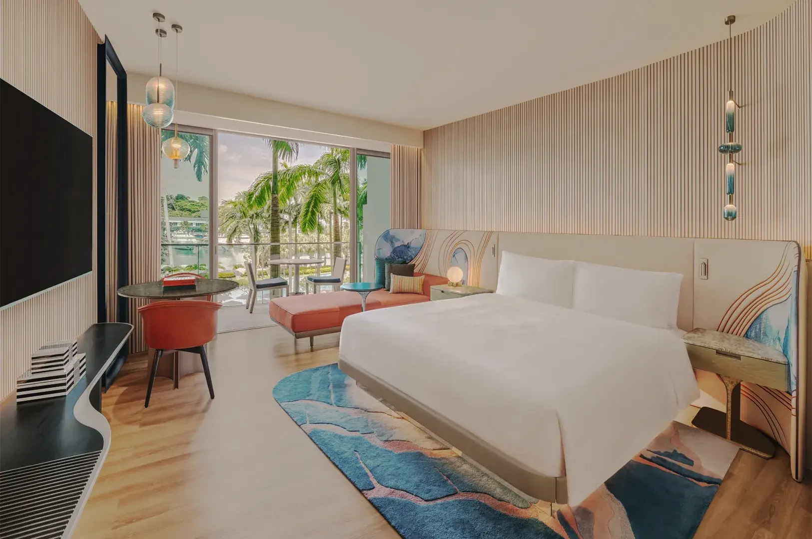 Stylish hotel lobby with biophilic design, green wall installations, artistic decor, and modern reception area