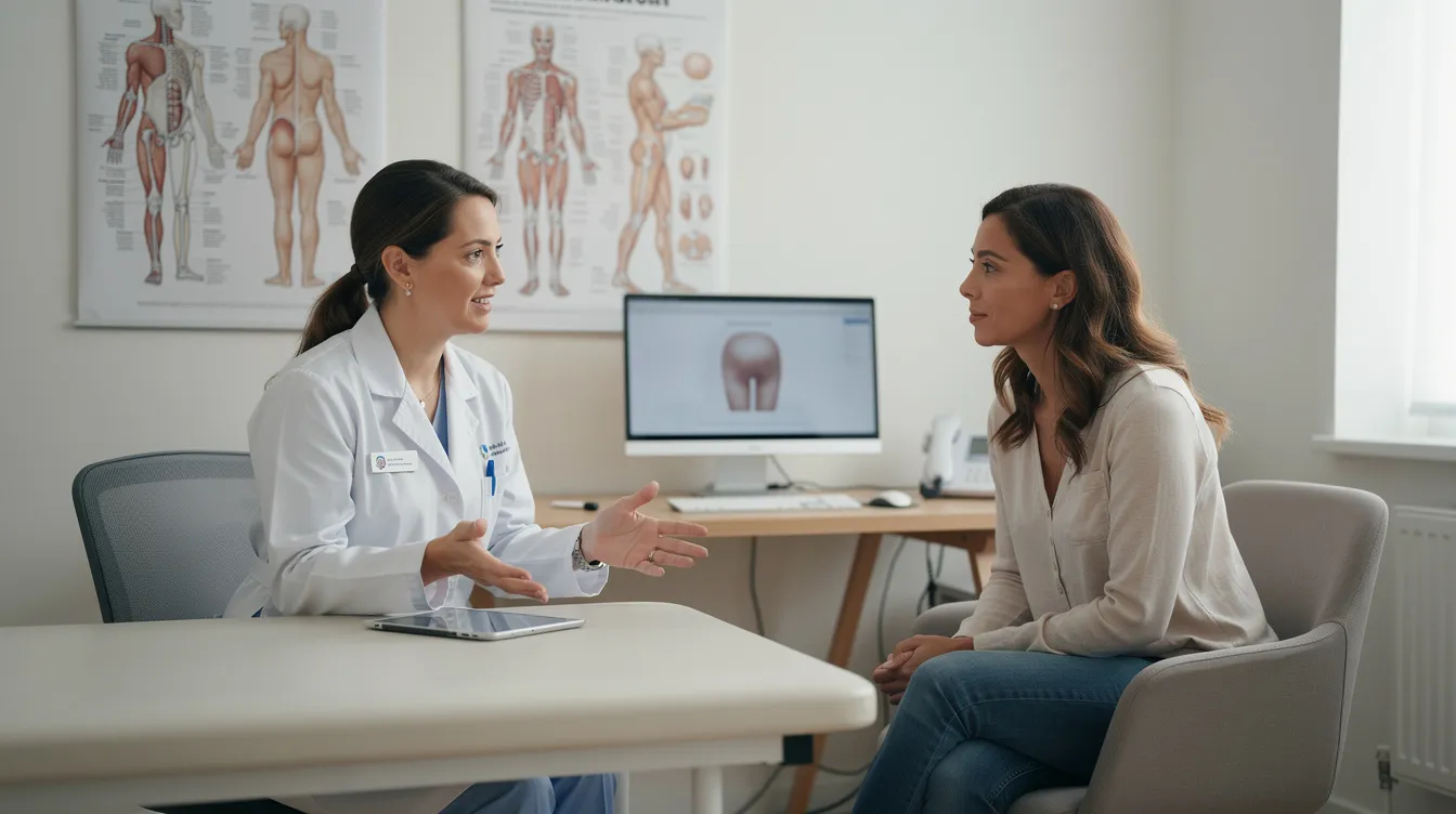 In a consultation room, a patient discusses their body contouring goals with a board certified plastic surgeon, focusing on non surgical options like the non surgical butt lift. They explore a personalized treatment plan that includes stimulating collagen production for optimal results and the potential for immediate volume increase in the desired areas.