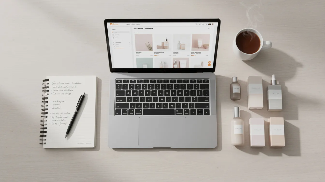 The image depicts a tidy ecommerce workspace featuring a laptop, a notebook, product samples, and a cup of coffee, ideal for managing a Shopify dropshipping business. This setup reflects the essentials for running an online store, emphasizing organization and focus on customer satisfaction.