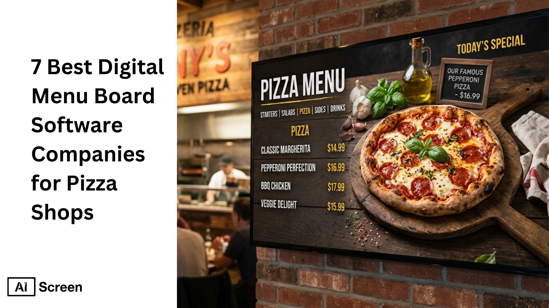 7 Best Digital Menu Board Software Companies for Pizza Shops 1 pizza shop digital menu boards on TV screens showing menu items and prices