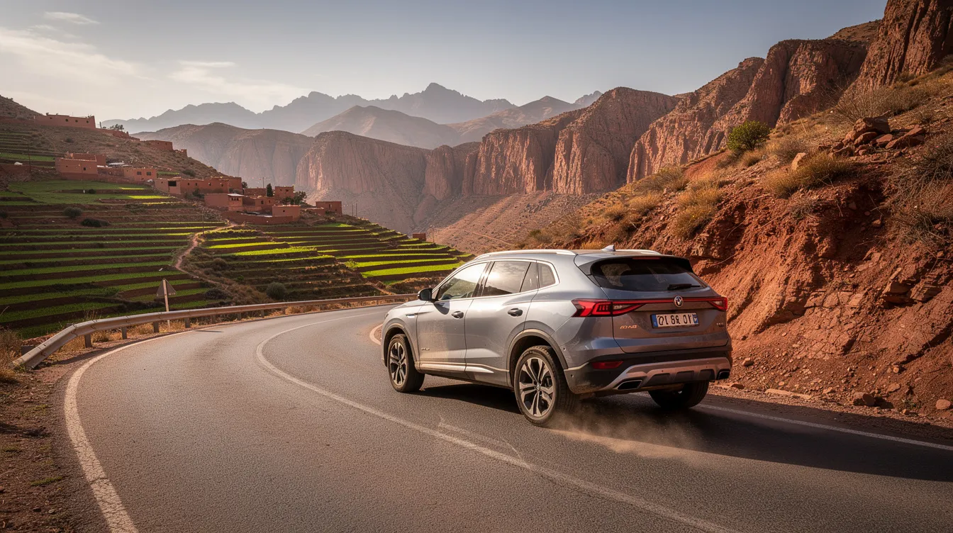 A modern SUV navigates a winding mountain road in Morocco, surrounded by lush green valleys and rocky peaks of the Atlas Mountains, showcasing the beautiful country’s stunning landscapes. This scene captures the essence of a great adventure, perfect for those looking to explore hidden gems with a private driver in Morocco.