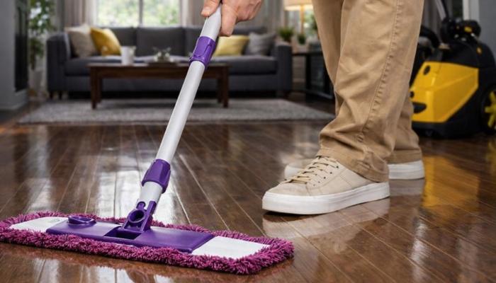 A single man cleaning the floor with microfiber instead of many