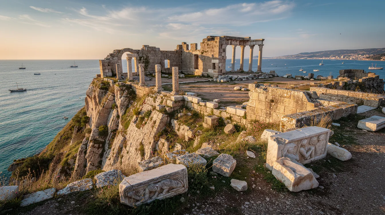 Vista panorâmica de antigas ruínas, com colunas de pedra e muros desgastados, que se erguem sobre as águas azuis do Mediterrâneo. O cenário remete a destinos históricos, ideal para viajantes que buscam explorar a história e a beleza natural.