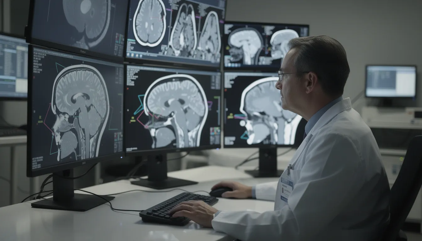 A radiologist is intently reviewing MRI images displayed on computer monitors, which showcase detailed brain scans produced by magnetic resonance imaging. The images highlight the brain and spinal cord, revealing soft tissues and blood vessels without the use of ionizing radiation.