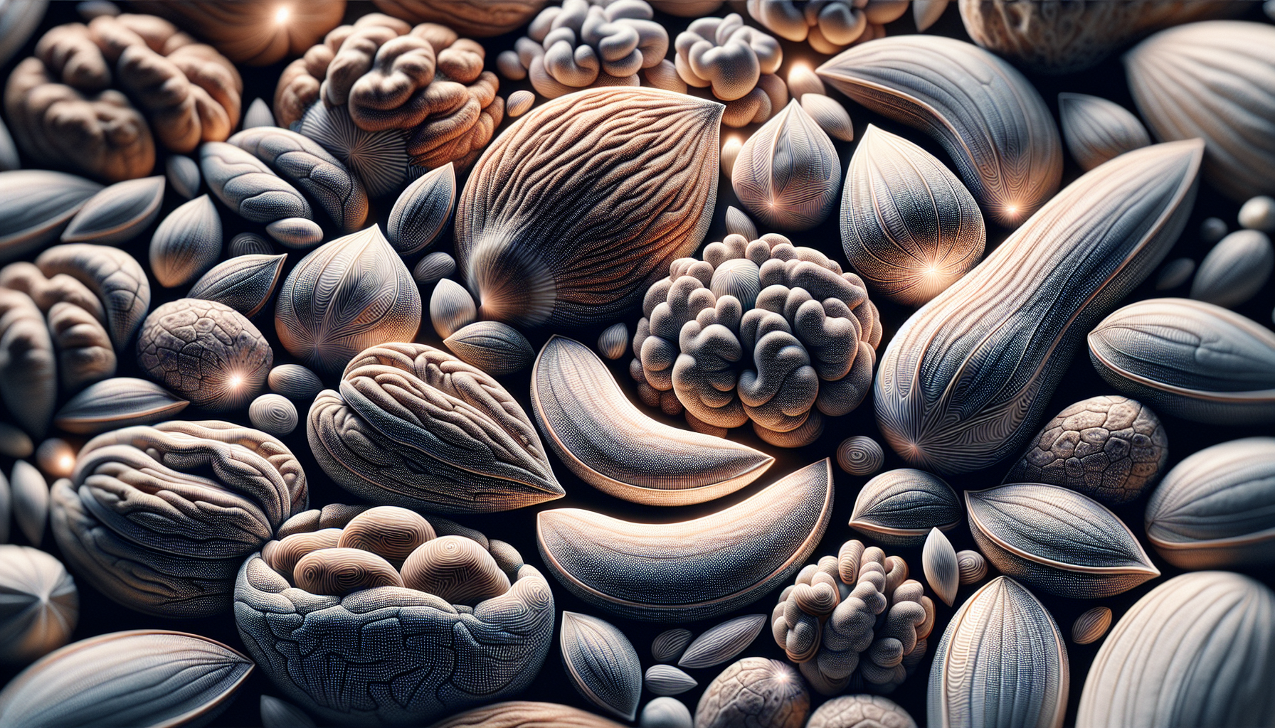 An artistic rendering of a selection of nuts and seeds, including almonds, cashews, and pumpkin seeds