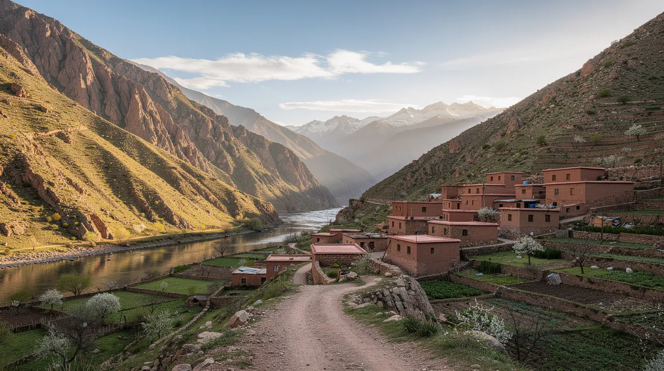 A imagem retrata o Vale de Imlil, uma paisagem deslumbrante com montanhas cobertas de vegetação verde e um céu claro. Este lugar, localizado próximo a Marrakech, é um destino popular para turistas que buscam experiências na natureza e cultura marroquina.