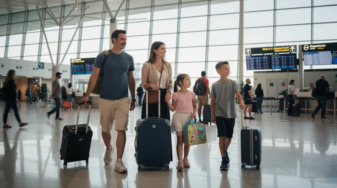A family of four is walking through a bustling international airport terminal, each carrying their own piece of luggage. They appear excited as they navigate past various shops and travelers, ready to embark on their trip, possibly related to a tourist visa application process for Dubai.