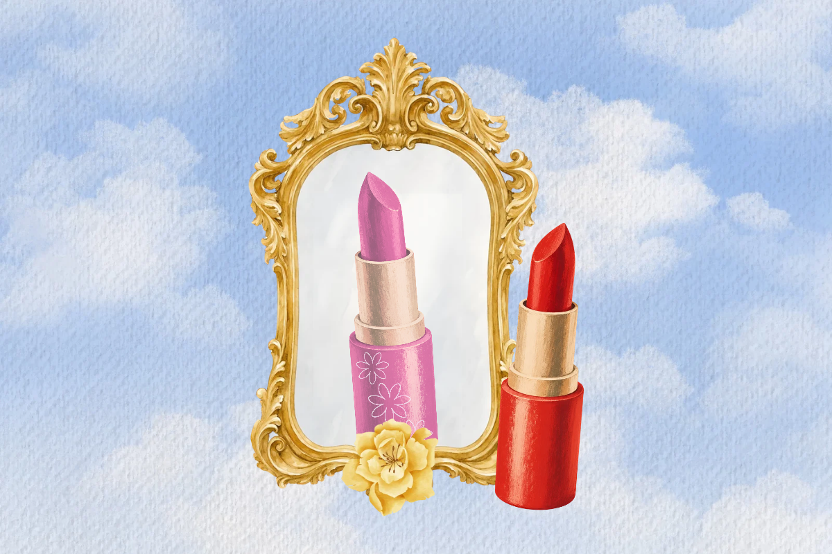 Two colorful lipsticks, one reflected in an ornate gold mirror, against a blue watercolor background.