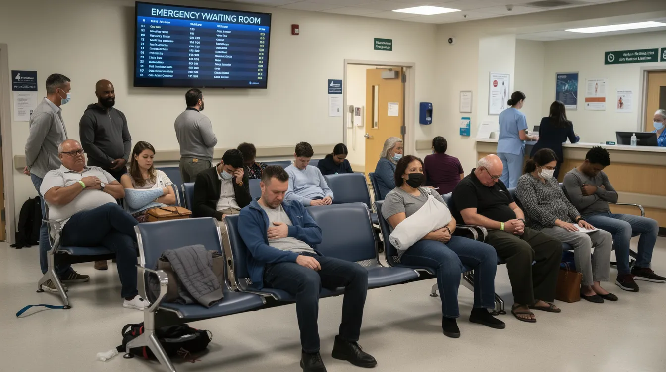 The image shows a crowded hospital emergency room waiting area filled with patients seated in chairs, highlighting the busy environment where individuals seek urgent medical treatment. This scene can evoke concerns about emergency room negligence, as patients may face delays and potential medical errors while waiting for care.
