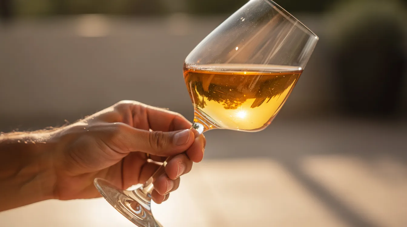 A close-up view of a hand gracefully holding a wine glass by the stem, with sunlight highlighting the golden hue of the wine inside. This image captures the essence of wine tasting etiquette, inviting viewers to appreciate the aromas and flavors of their tasting experience.