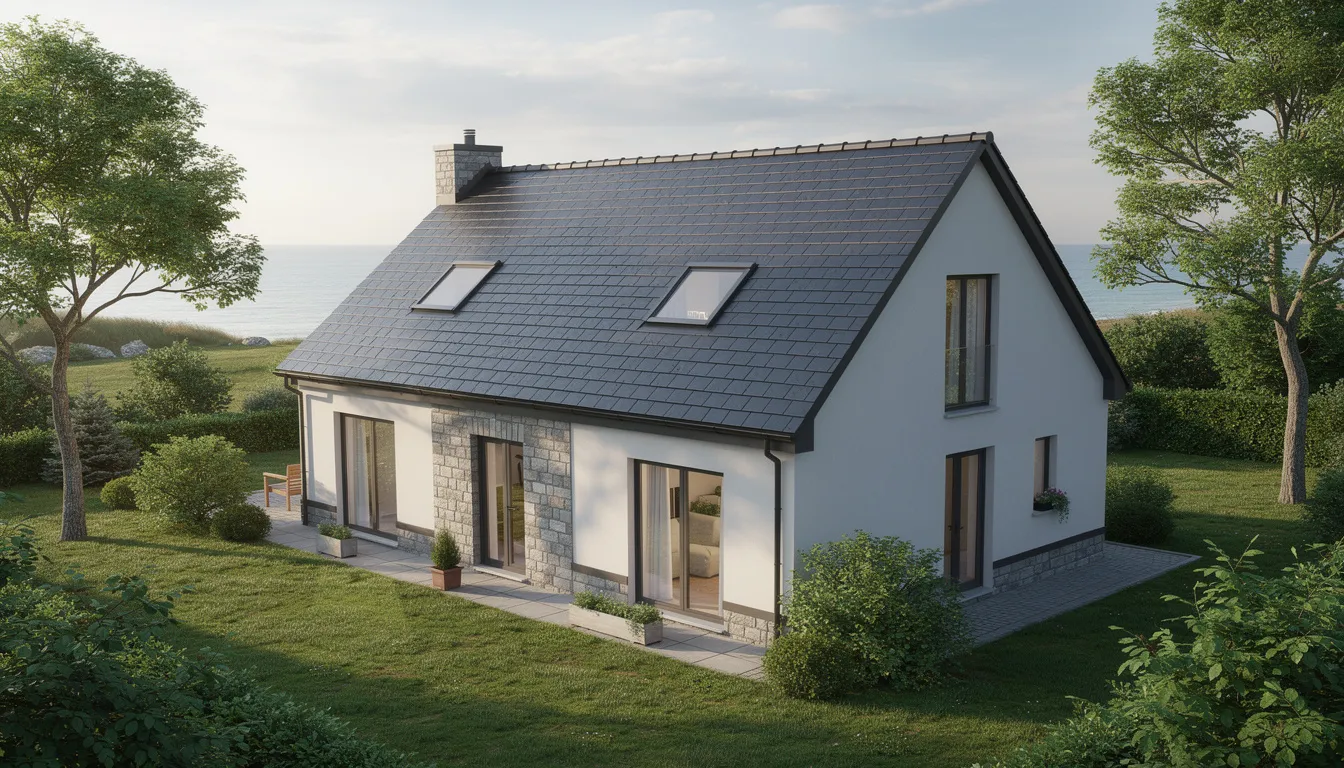 Une maison rénovée avec une toiture neuve en ardoise se dresse dans un environnement verdoyant, à proximité de la côte. Cette habitation, qui témoigne du savoir-faire d'un couvreur à Pornic, s'intègre harmonieusement dans les alentours paisibles de la Loire-Atlantique.