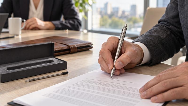 Professional using a slim stainless-steel ballpoint pen to sign a business document during a client meeting