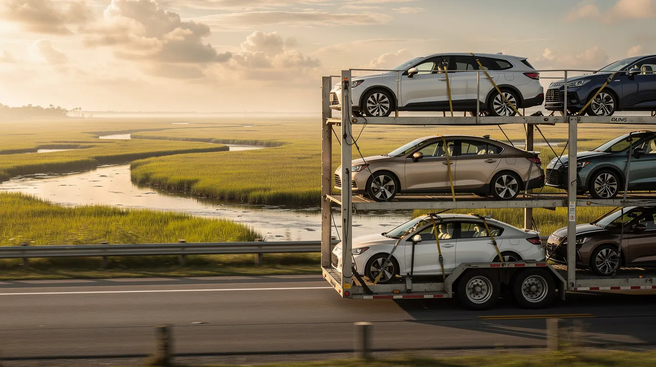 An open car carrier, loaded with various vehicles, is seen traveling through the scenic Louisiana Gulf Coast wetlands, showcasing the reliable auto transport services available in the area. The lush greenery and marshy landscapes provide a picturesque backdrop for the car shipping process as it moves along major highways.