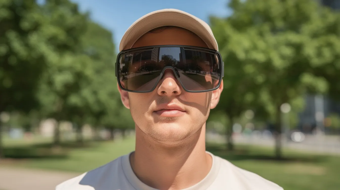 A person is wearing oversized sunglasses outdoors, providing eye protection from the sun. This fashionable accessory may also help conceal any visible scarring from eyelid surgery, such as blepharoplasty scars, while promoting proper aftercare during the healing process.