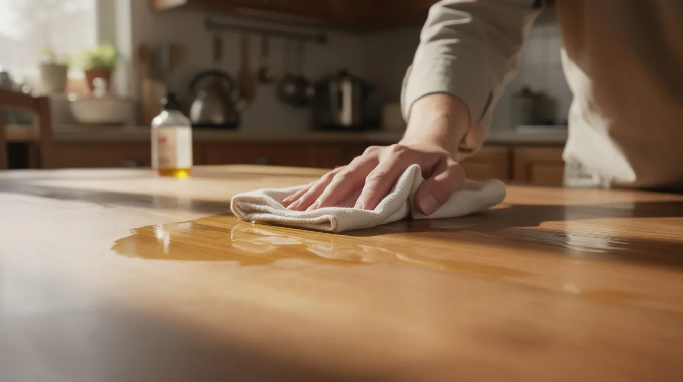 Een persoon brengt met een licht vochtige doek olie aan op een eikenhouten tafelblad in een huiselijke keuken, waarbij ze cirkelvormige bewegingen maakt om de natuurlijke schoonheid van de tafel te behouden. Dit regelmatig onderhoud helpt om de tafel in topconditie te houden en voorkomt dat vlekken ontstaan.