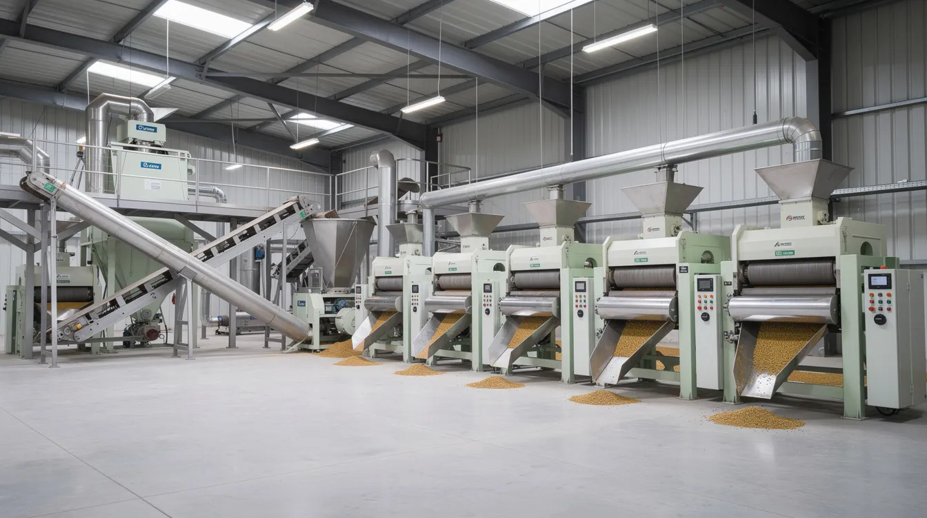 e44683bb 967b 4517 b9da fb42b21dc477 The image depicts the interior of an industrial dal mill, showcasing emery roller dehusking machines and conveyor systems used in the pulse milling process. This setup is essential for achieving clean, dehusked split pulses, which are vital for the production of high-quality dal yield.