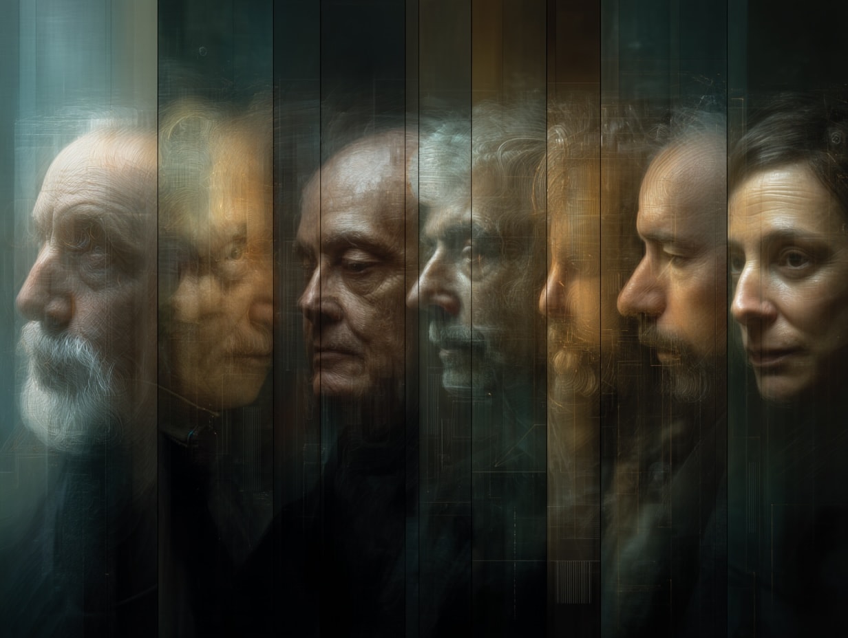 Portraits of influential sci fi authors including blurred faces.