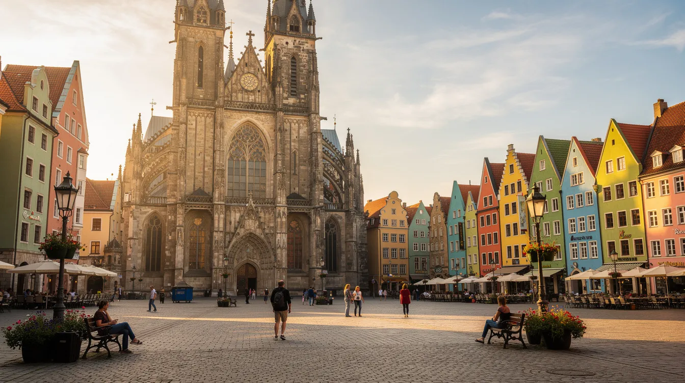 A imagem mostra uma praça histórica em uma cidade da Eslovênia, destacando uma imponente catedral gótica com detalhes elaborados e telhados coloridos ao redor. Este cenário é cercado por edifícios antigos, criando uma atmosfera vibrante e cultural.