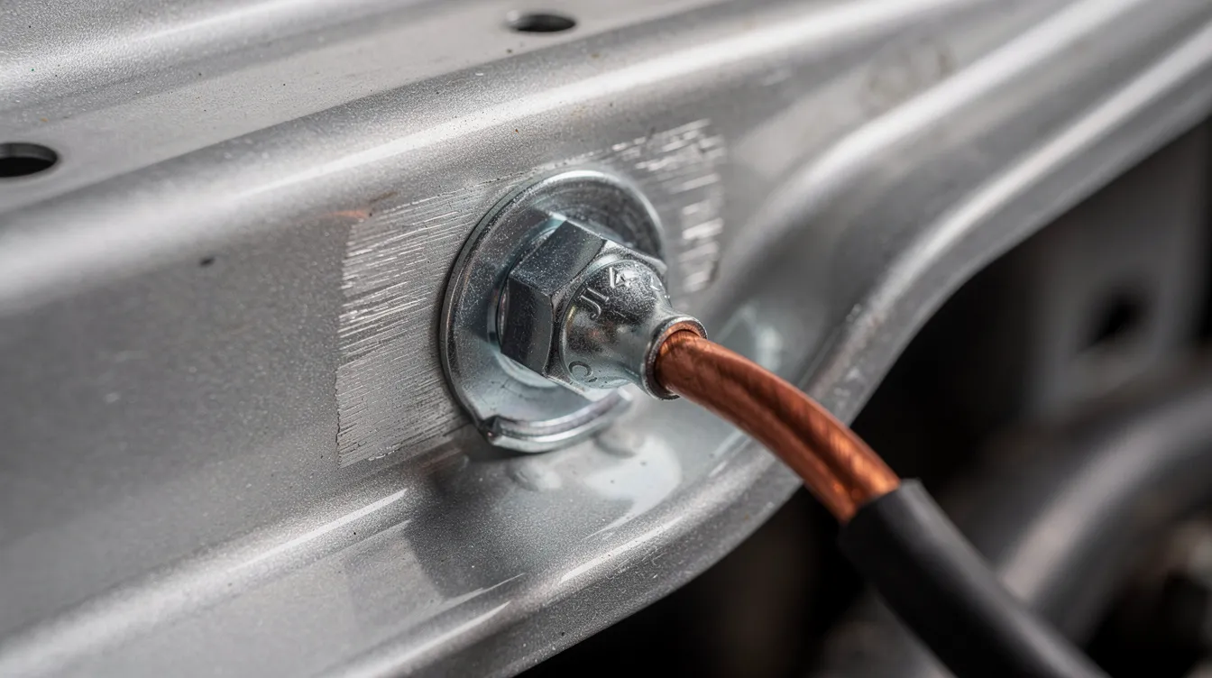 The image shows a close-up view of a ground cable securely bolted to a clean section of a vehicle's metal frame, ensuring a solid connection to the battery's negative terminal. The installation appears neat, indicating attention to detail and proper maintenance for optimal performance.