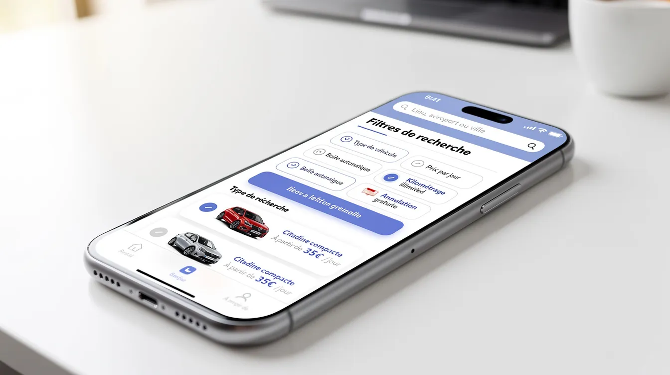 Un smartphone affiche une application de marketplace dédiée à la location de voitures, présentant divers filtres de recherche pour aider les utilisateurs à trouver le véhicule qui correspond à leurs besoins. L'interface permet également de gérer les réservations et d'accéder à des informations sur les contrats et la disponibilité des véhicules.