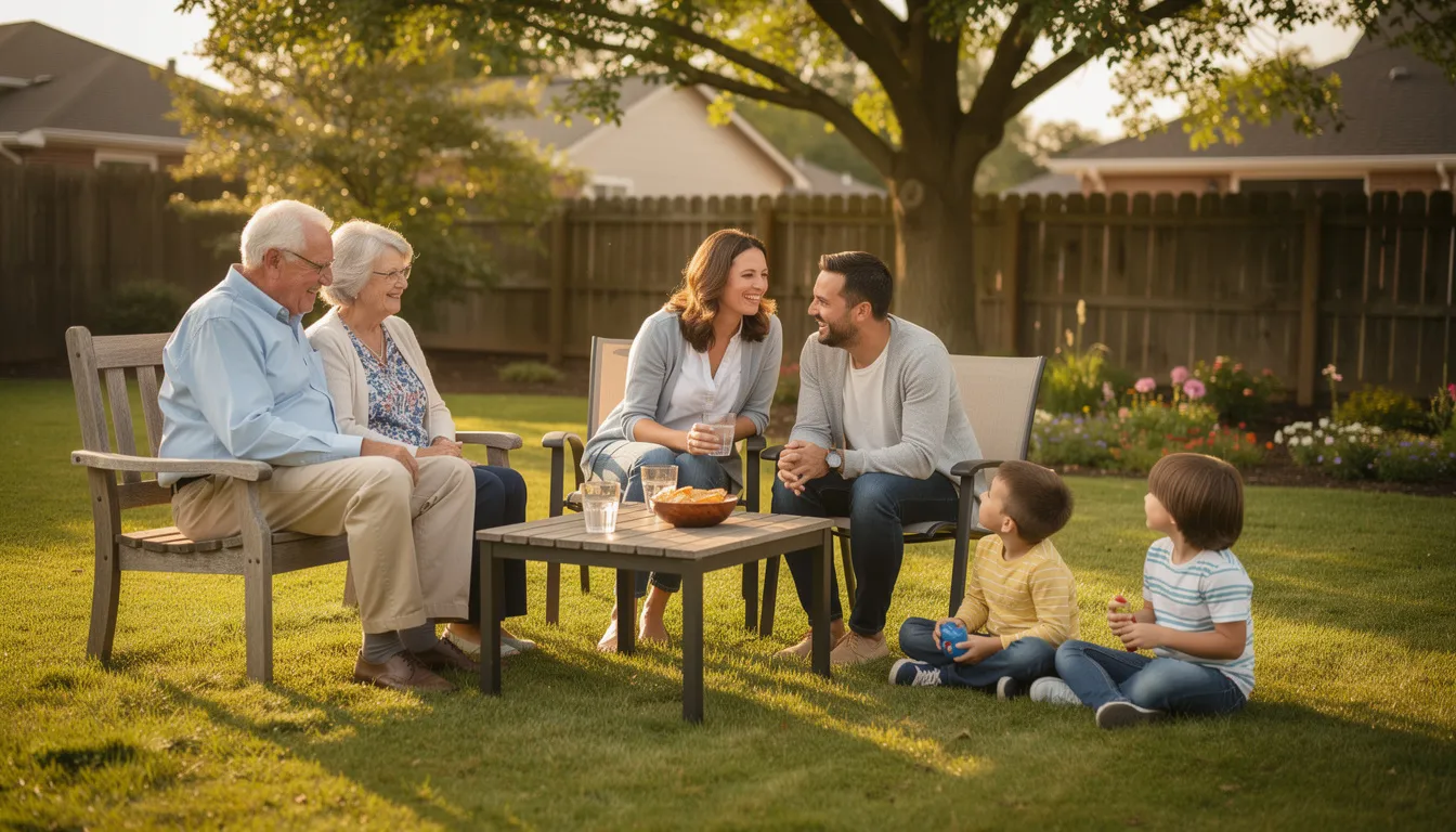 The image depicts a multi-generational family enjoying a pleasant conversation outdoors in a backyard, symbolizing the importance of discussing financial goals and planning for their future together. This warm setting reflects the values of personalized financial advice and the significance of safeguarding their legacy through informed decisions and investment strategies.