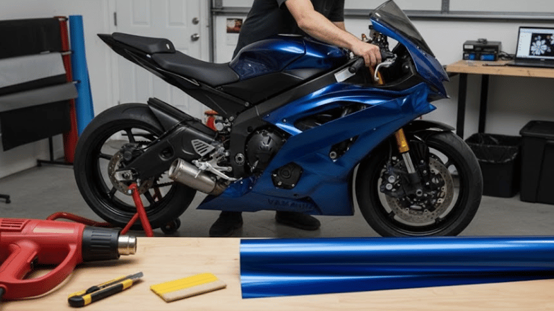 A man is wrapping the motorcycle in indoor and warm conditions.