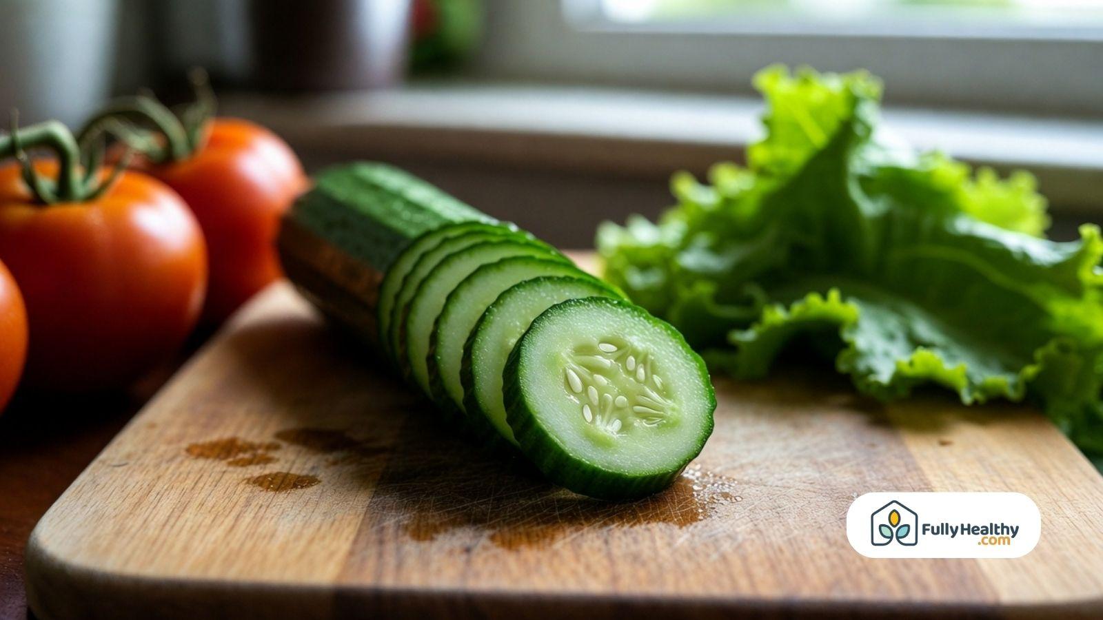 Sliced cucumber on a cutting board showing seeds and texture beside lettuce and tomatoes.