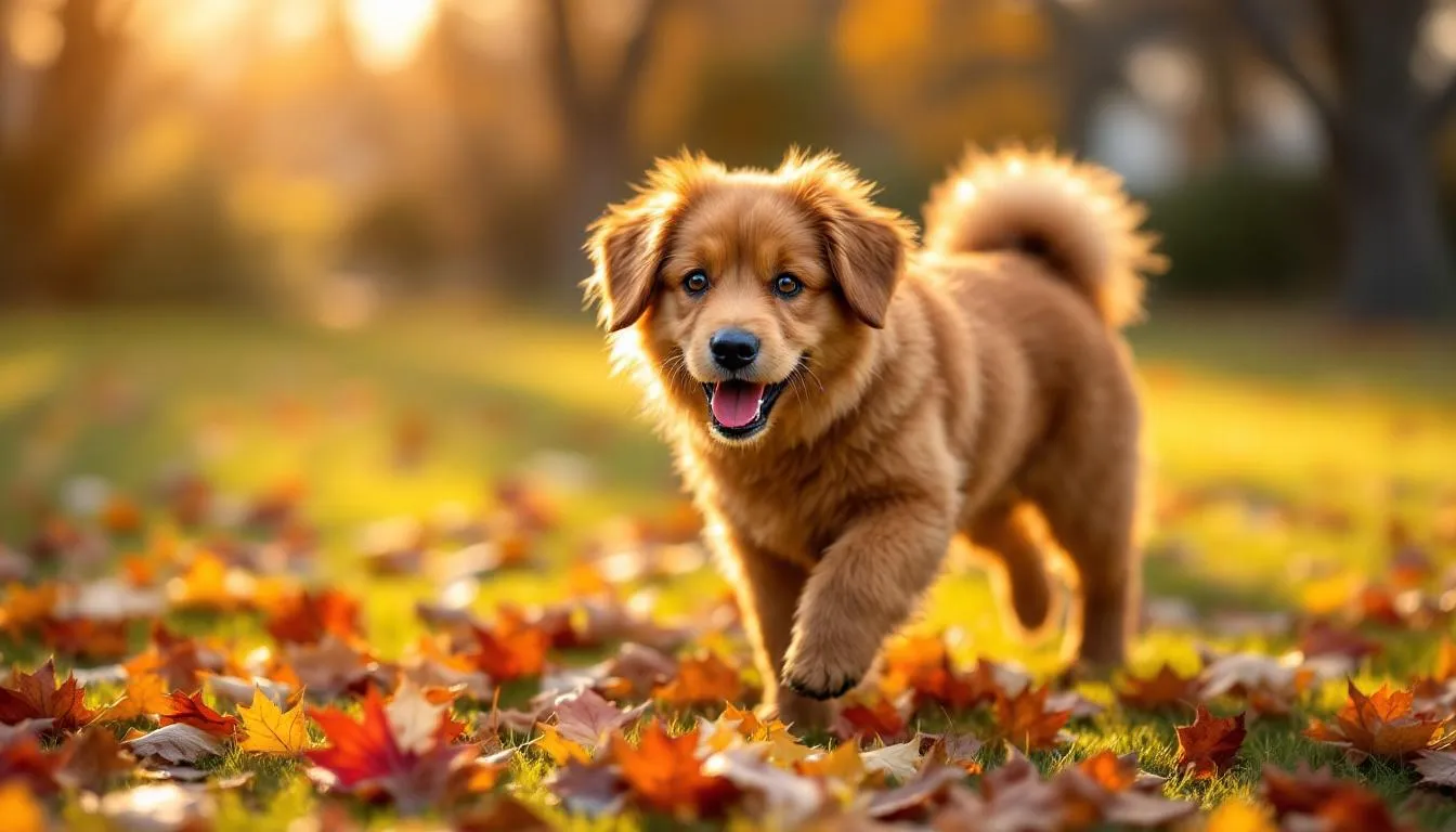 A playful brown female dog joyfully leaps through a pile of colorful autumn leaves, illuminated by the warm golden sunlight. Her rich brown coat contrasts beautifully with the vibrant foliage, showcasing her energetic personality as she enjoys this fun moment in nature.