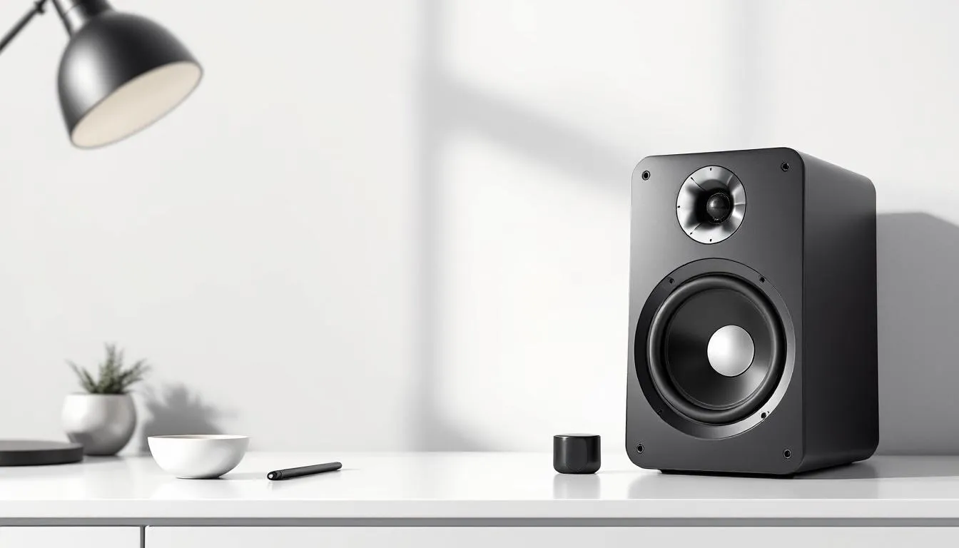 Premium sound quality speakers on a desk, perfect for music listening and movie watching.