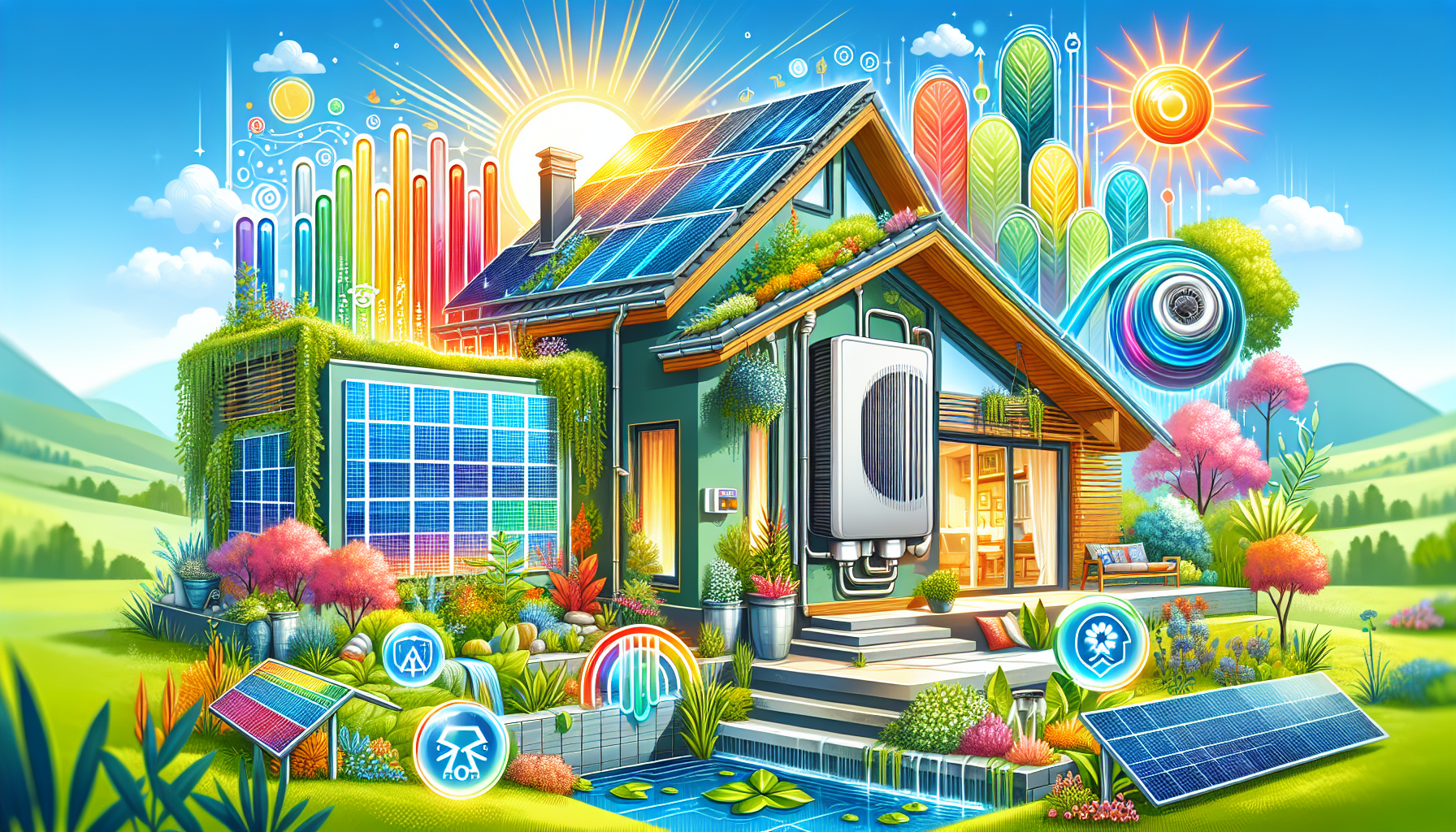 An illustration showing the high energy efficiency of a heat pump system in an energy-efficient home.