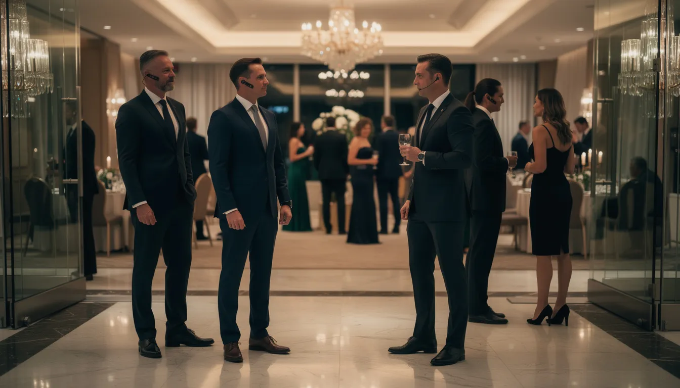A professional security team dressed in business attire stands discreetly at an upscale evening event venue, ensuring safety and effective crowd management for a positive guest experience. Their presence highlights the importance of security measures and access control in creating a welcoming environment for attendees.
