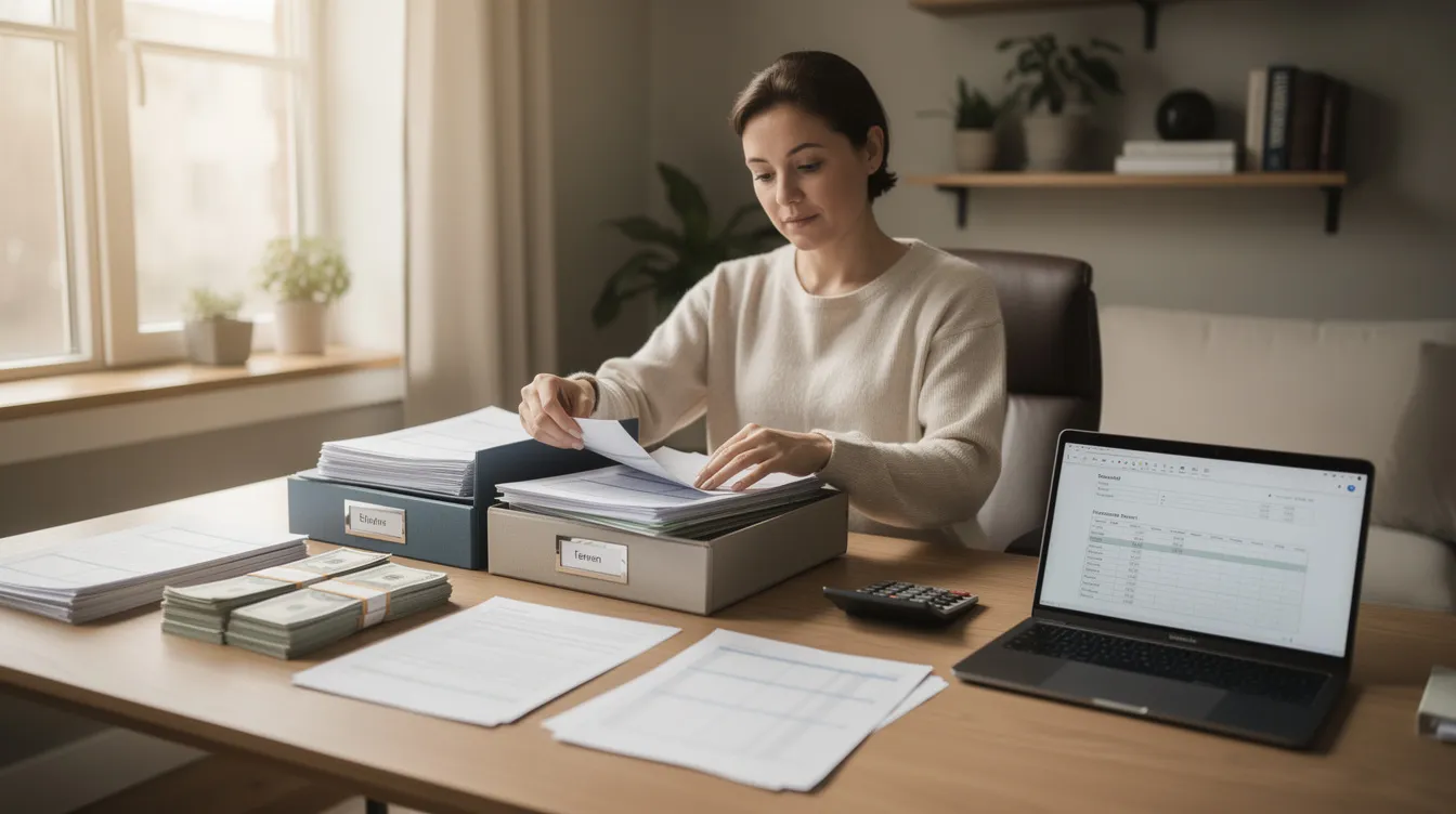 A person is sitting at a desk in a well-lit home office, carefully organizing various financial documents, including bank statements and bills, to prepare for the division of property and debts in a Texas divorce. This scene reflects the importance of understanding community property and separate property laws for a secure financial future.