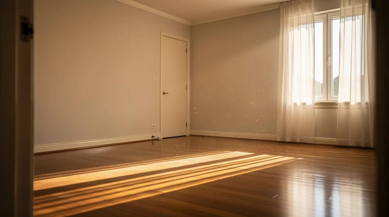 The image depicts an empty, clean bedroom flooded with sunlight from large windows, highlighting the absence of furniture after a recent mattress removal. This serene space emphasizes the potential for new beginnings, such as the introduction of a new mattress or the opportunity for mattress recycling through local programs.