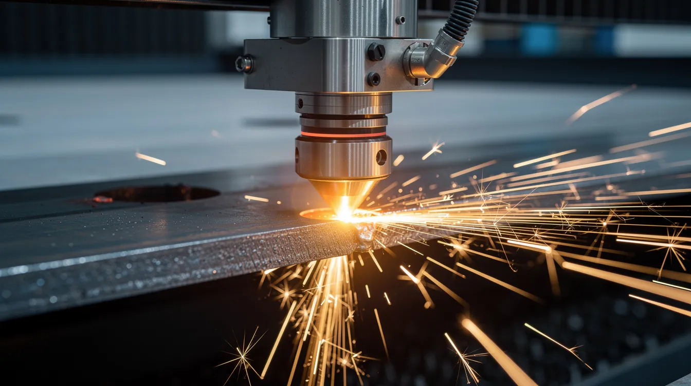 A close-up view of a fiber laser cutter in action, processing a steel sheet as sparks fly from the cutting head, showcasing the sheet metal fabrication process. The image highlights the precision and efficiency of laser cutting, essential for creating complex shapes in sheet metal components.