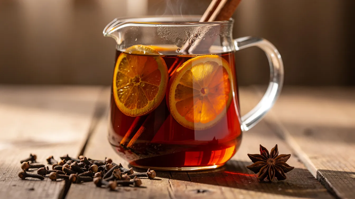 Szklany dzbanek z herbatą pu-erh, plastrami pomarańczy i cynamonem, obok goździki i gwiazdka anyżu