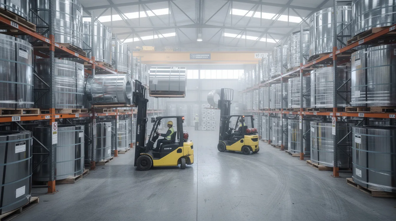 The image depicts an industrial warehouse filled with racks stacked high with rolls of sheet metal coil, showcasing various materials used in sheet metal manufacturing. Forklifts navigate the aisles, illustrating the dynamic environment of the sheet metal fabrication industry.