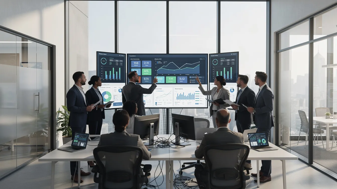 The image depicts a modern office environment where professionals are engaged in reviewing data dashboards displayed on large screens, utilizing advanced AI technologies and machine learning models for decision-making and analysis. The atmosphere suggests a focus on efficient processes and compliance, emphasizing the importance of data in business solutions.