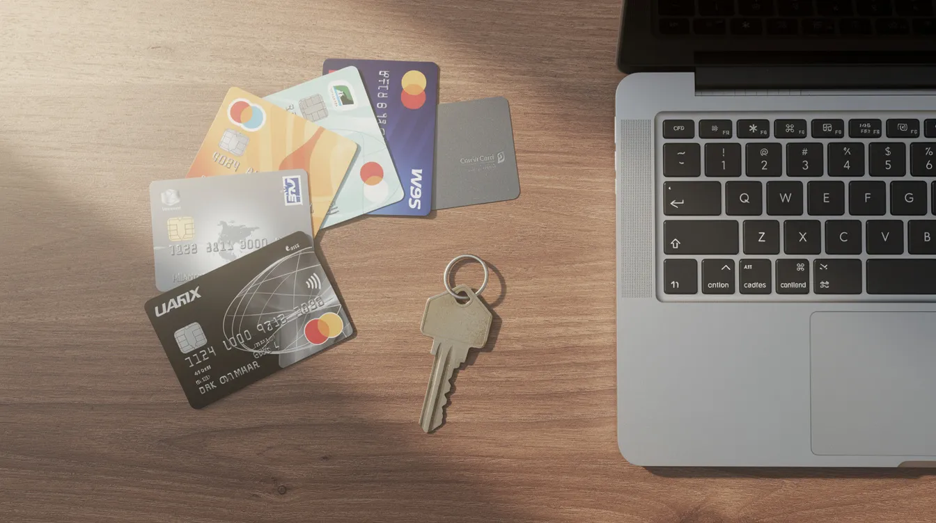The image shows several credit cards and a house key neatly arranged on a wooden table beside a laptop, symbolizing the financial tools and resources often utilized in urban planning and project preparation in developing countries.