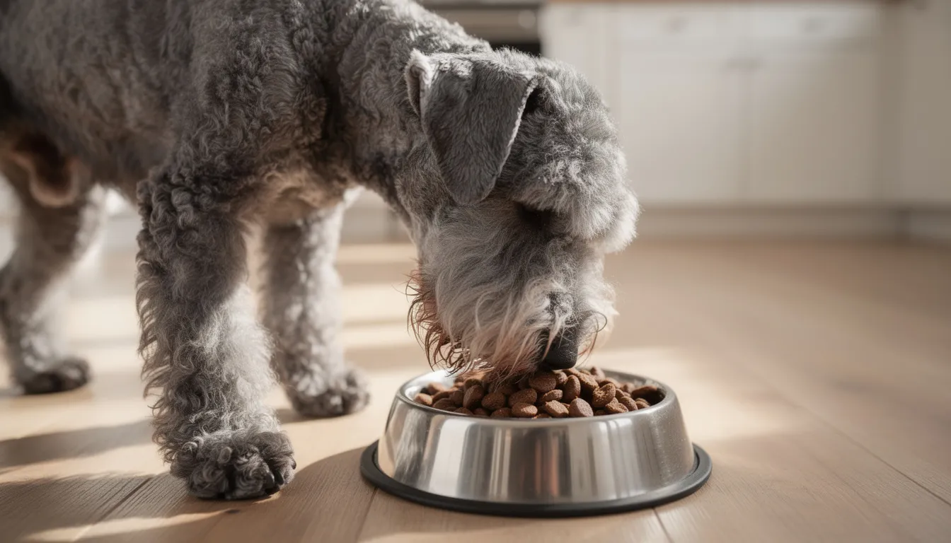 A spirited Kerry blue terrier is happily eating high-quality kibble from a dog bowl, showcasing its unique wavy coat and energetic nature. This medium-sized dog, known as the national dog of Ireland, enjoys its meal in a cozy home setting.