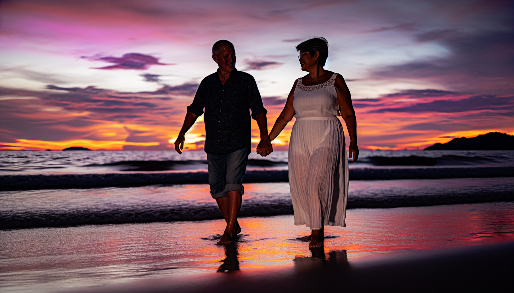 A couple holding hands and walking on the beach at sunset