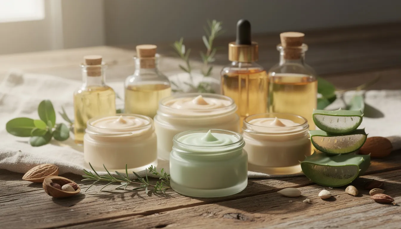 The image showcases a variety of natural skincare ingredients, including jars of whipped tallow balm and various natural oils, all artfully arranged on a wooden surface. These ingredients, rich in fatty acids and fat-soluble vitamins, are ideal for enhancing skin health, particularly for sensitive or dry skin types.