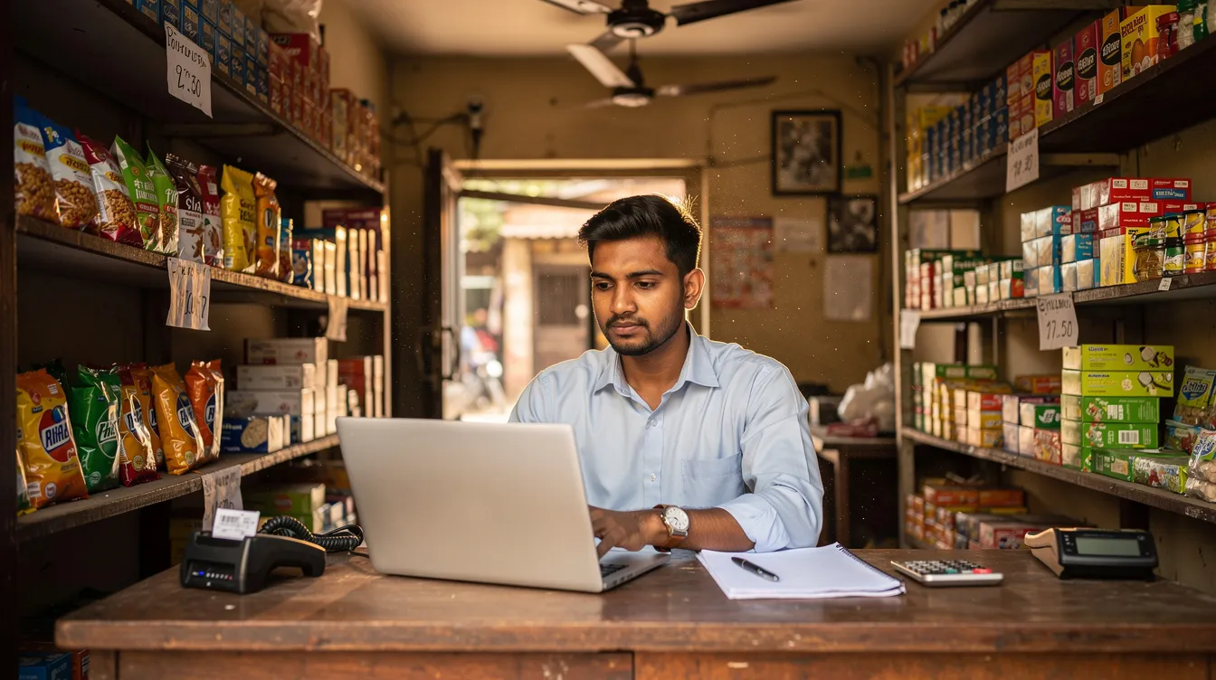 An Indian entrepreneur is focused on their laptop while working in a small retail shop filled with various products on shelves. This scene reflects the growing demand for low investment business ideas in Lucknow, where entrepreneurs are leveraging digital marketing services to enhance their online visibility and attract customers.
