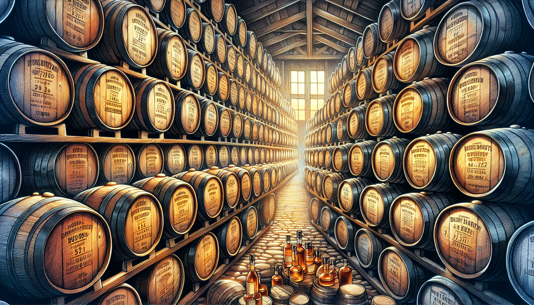 An illustration of bourbon barrels used for aging cigars.