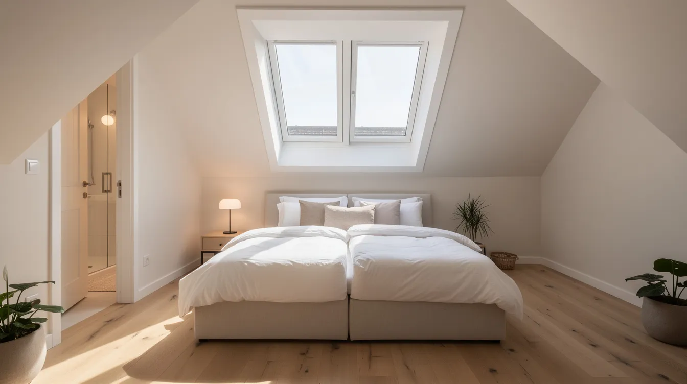 This image showcases a bright loft bedroom conversion featuring a dormer window that allows natural light to fill the space, complemented by a sloped ceiling and an en-suite bathroom door. It serves as an inspiring example of a home renovation project that maximizes living space in an old house.